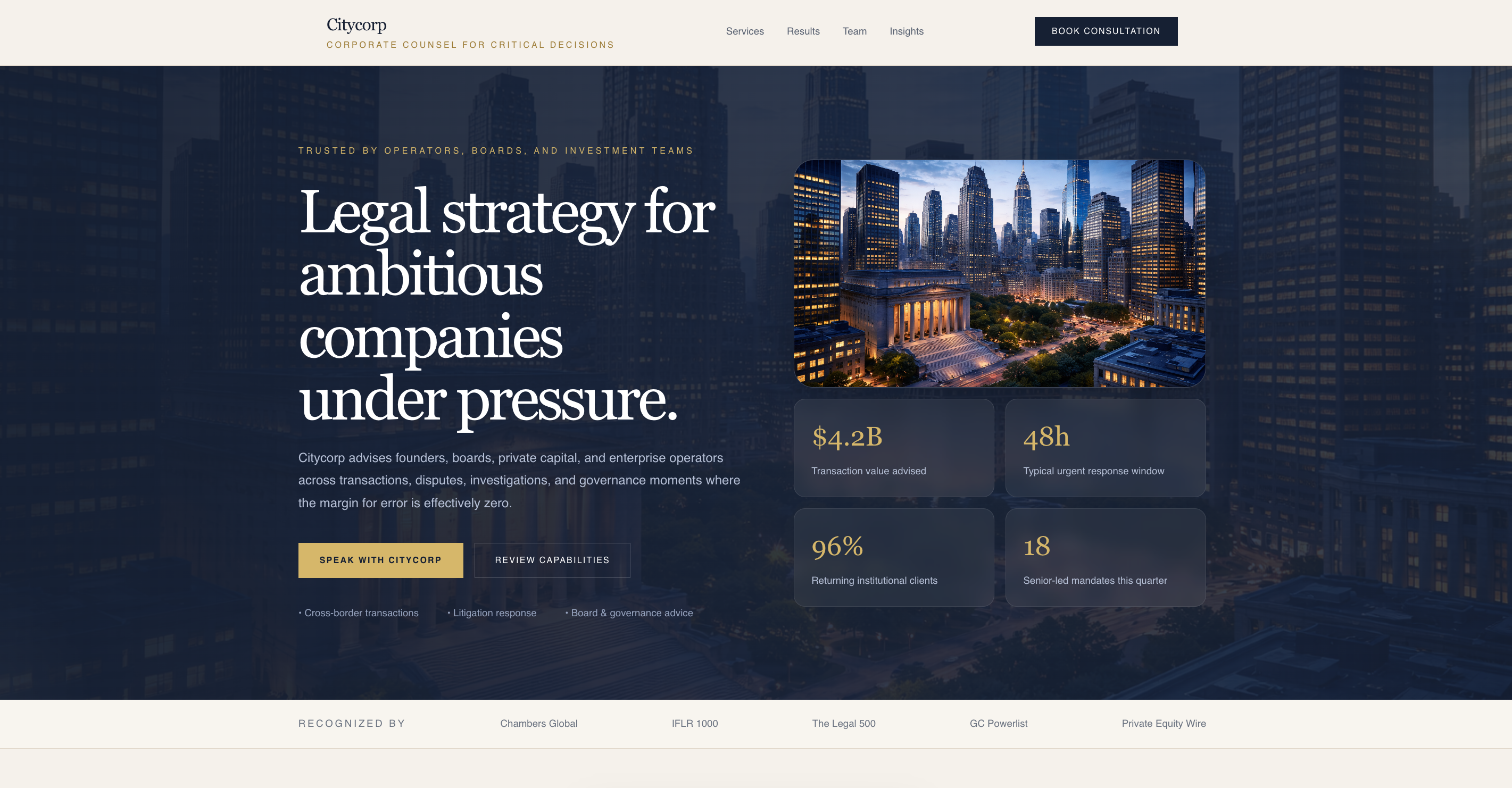 Law Firm hero & introduction website design example