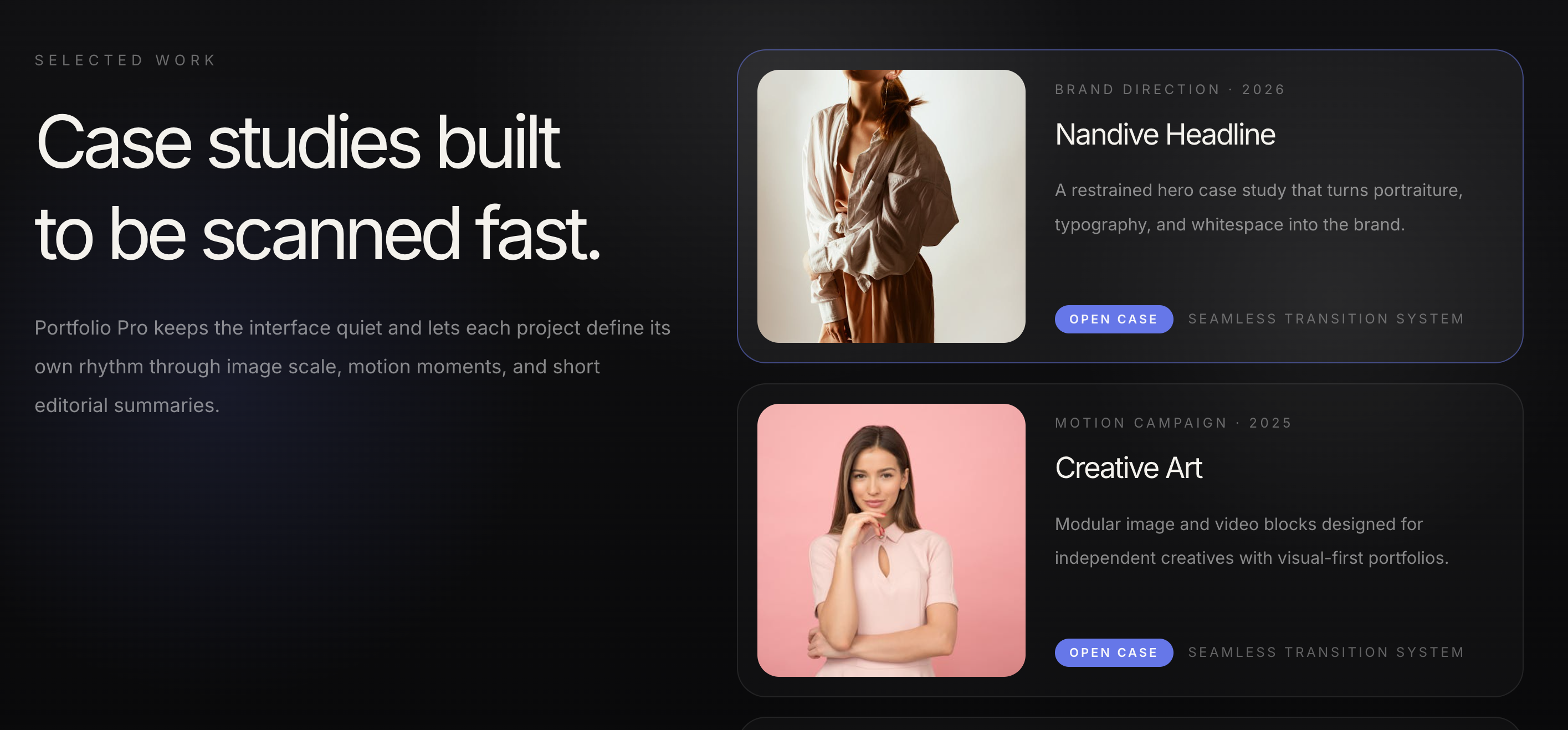 Portfolio Pro case studies with motion built in website design example